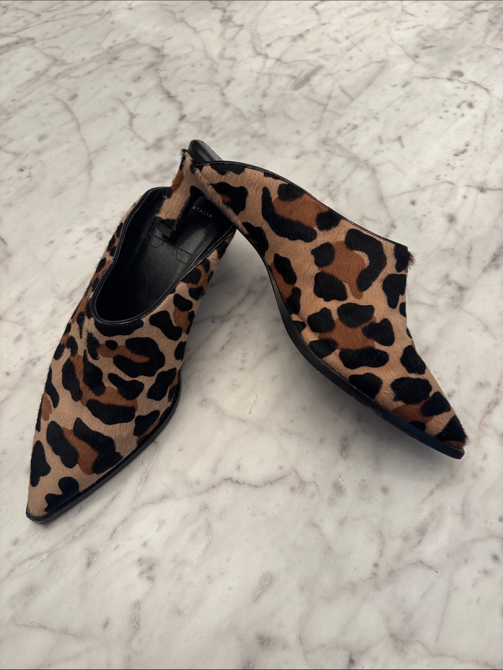 Aquatalia Yolanda Leopard Print Pointed Toe-Mules, Kitten Heel- Brown/Black, 6.5